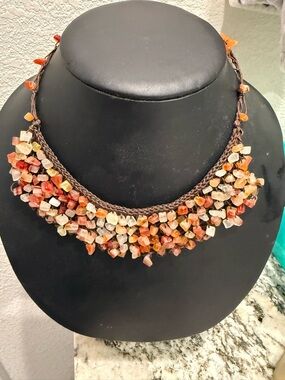 Boho Carnelian Chip Stone Macramé Bib Necklace | Artisan Handmade | Earthy Tones
